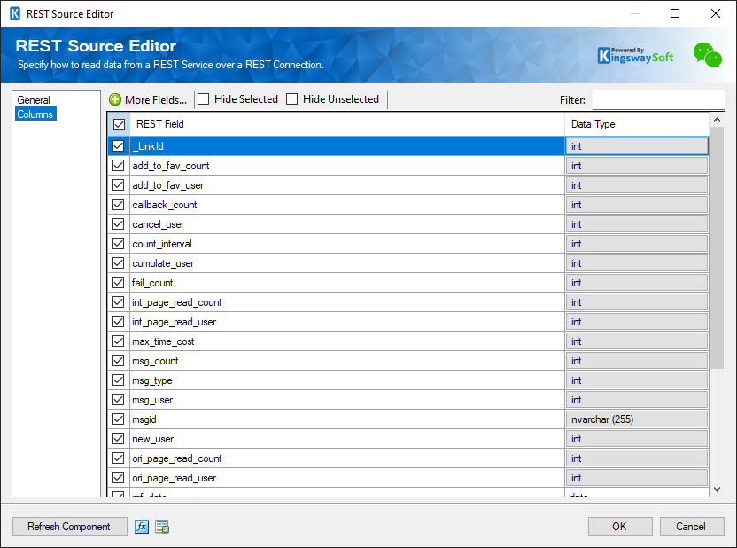 SSIS WeChat Source Component - Columns